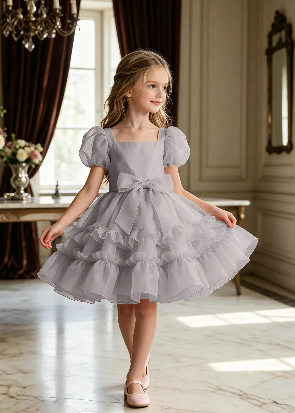 Puff Sleeve Bow Waist Tulle Party Dress for Girls