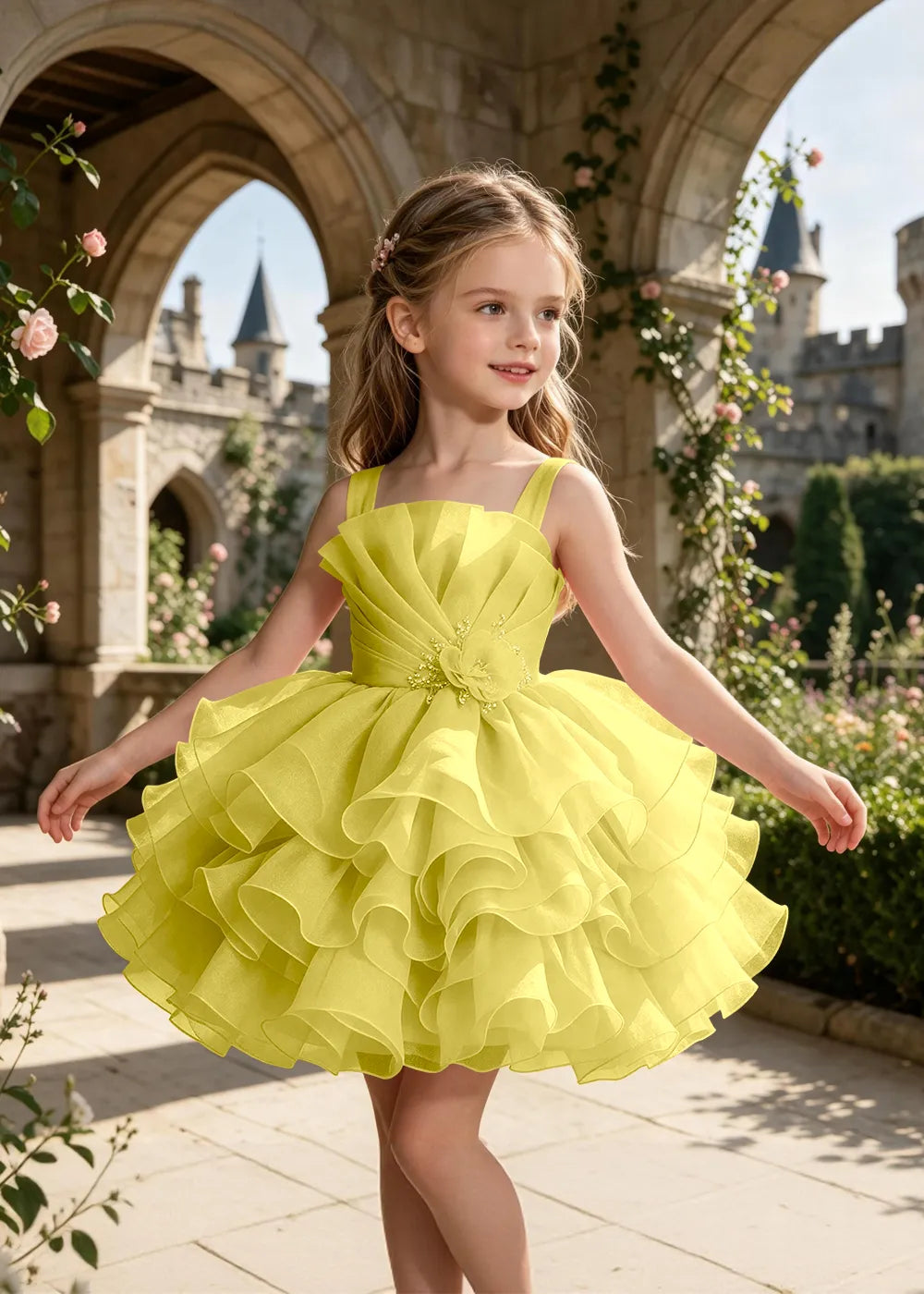 Sculpted Floral Ruffle Party Dress for Girls