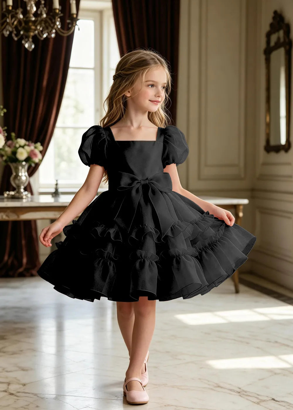 Puff Sleeve Bow Waist Tulle Party Dress for Girls