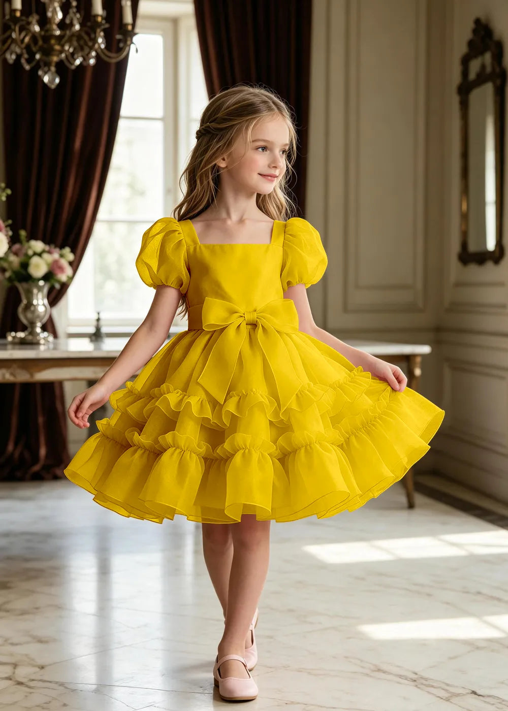 Puff Sleeve Bow Waist Tulle Party Dress for Girls
