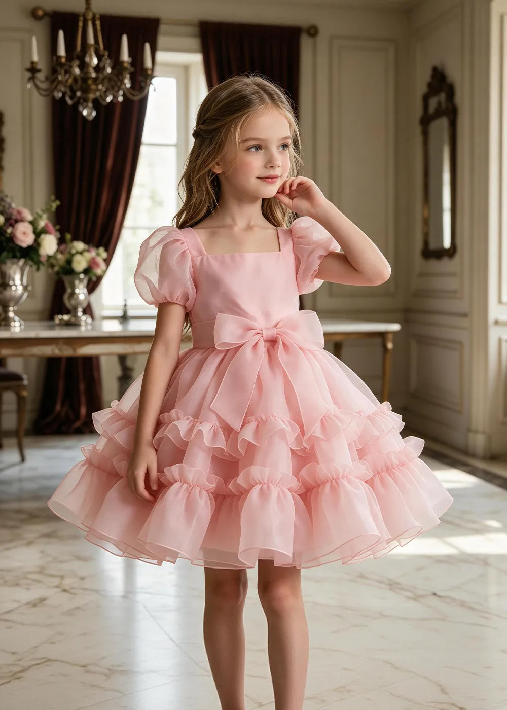 Puff Sleeve Bow Waist Tulle Party Dress for Girls