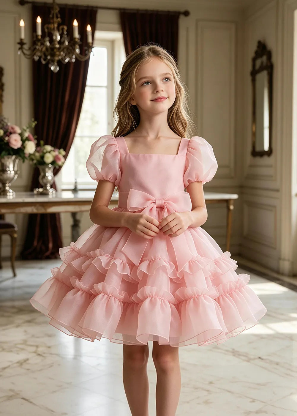 Puff Sleeve Bow Waist Tulle Party Dress for Girls
