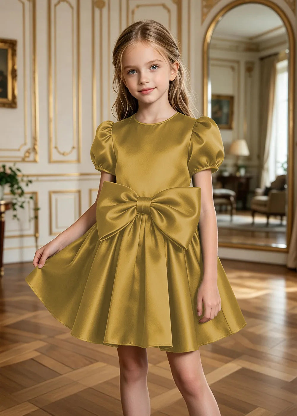 Aurelia Puff-Sleeve Satin Bow Party Dress