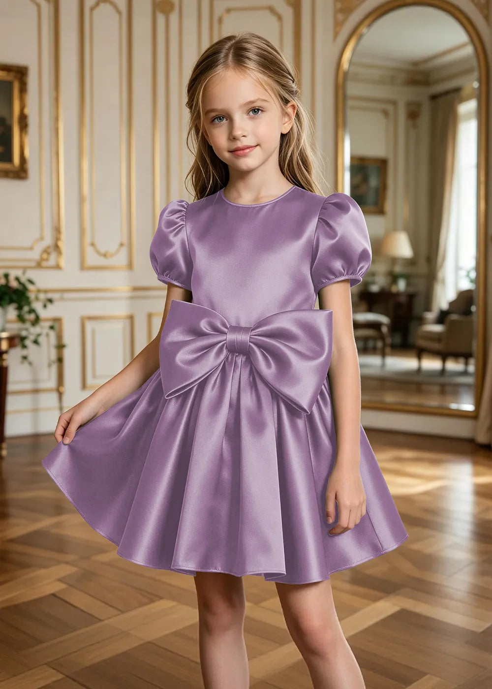 Aurelia Puff-Sleeve Satin Bow Party Dress