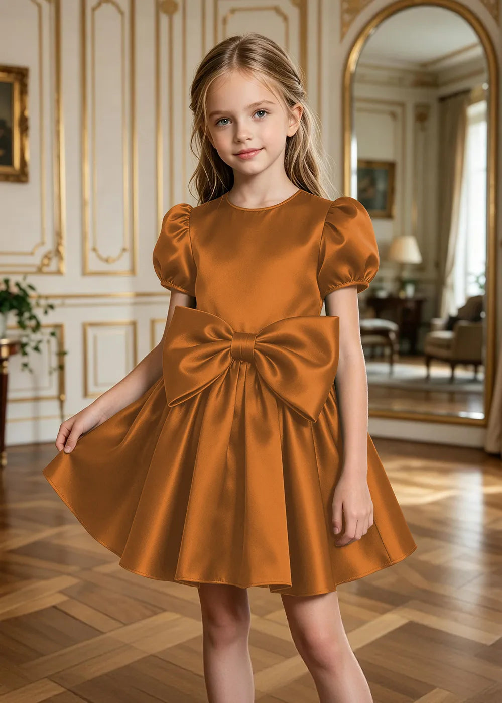 Aurelia Puff-Sleeve Satin Bow Party Dress