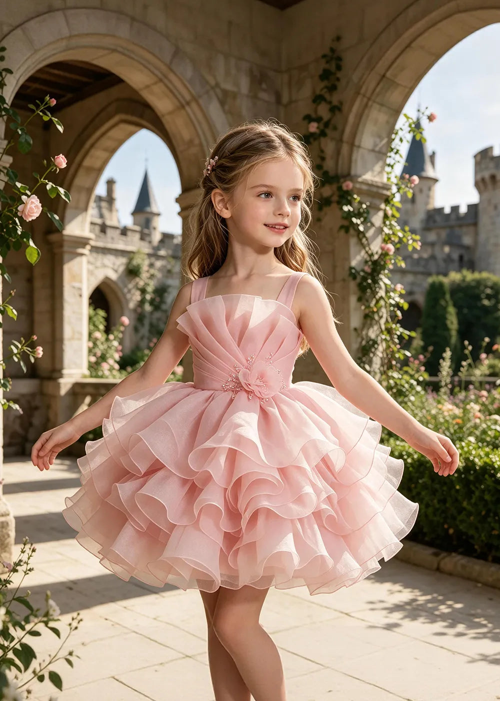 Sculpted Floral Ruffle Party Dress for Girls
