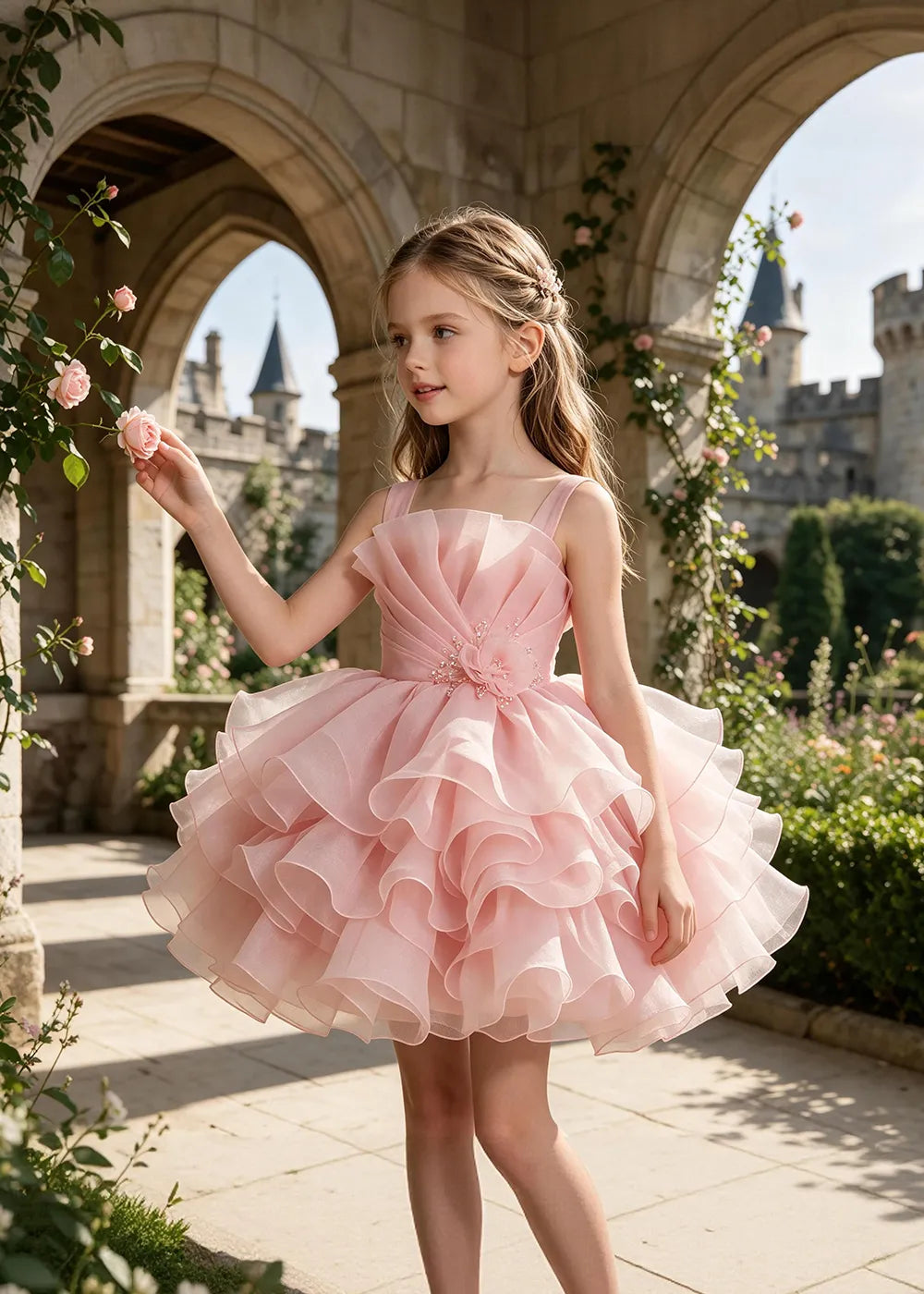 Sculpted Floral Ruffle Party Dress for Girls