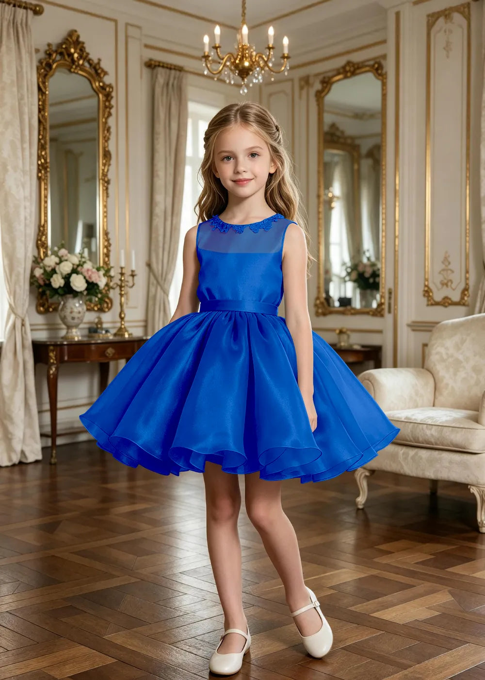 Floral Neckline Junior Bridesmaid Formal Dress