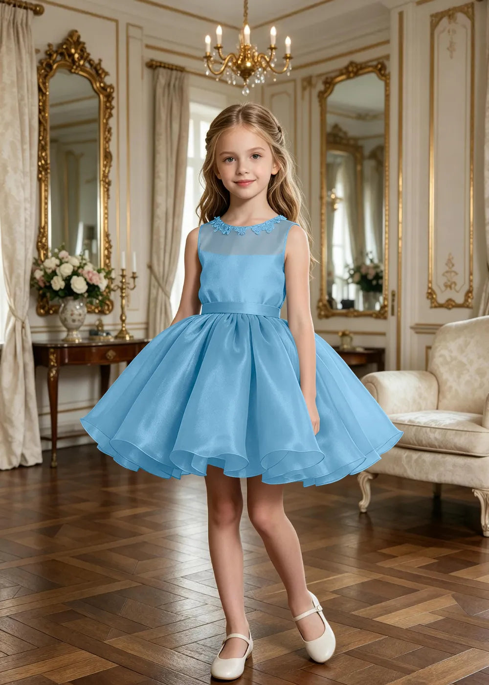 Floral Neckline Junior Bridesmaid Formal Dress