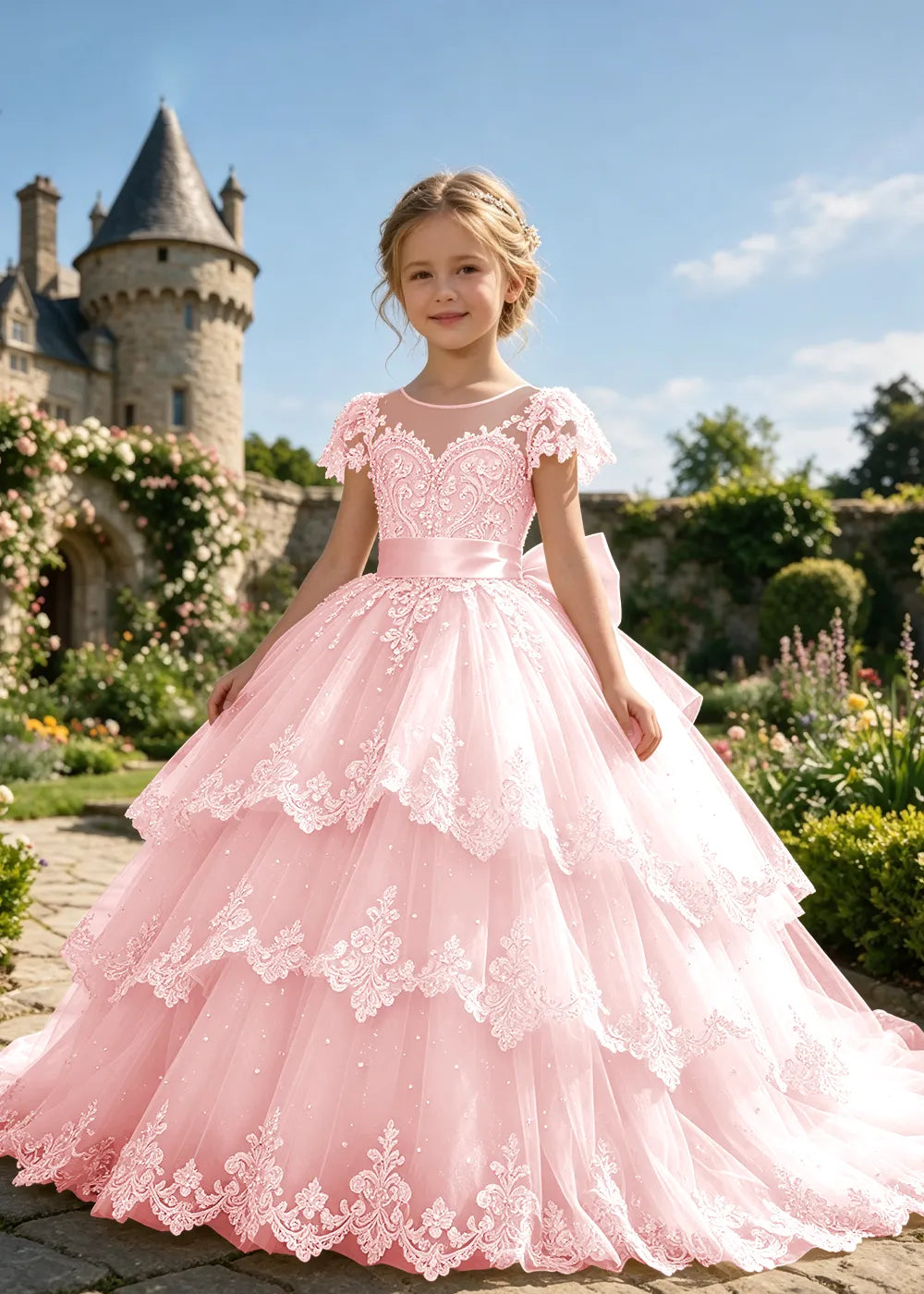 Tiered Lace Flower Girl Ball Gown with Satin Bow