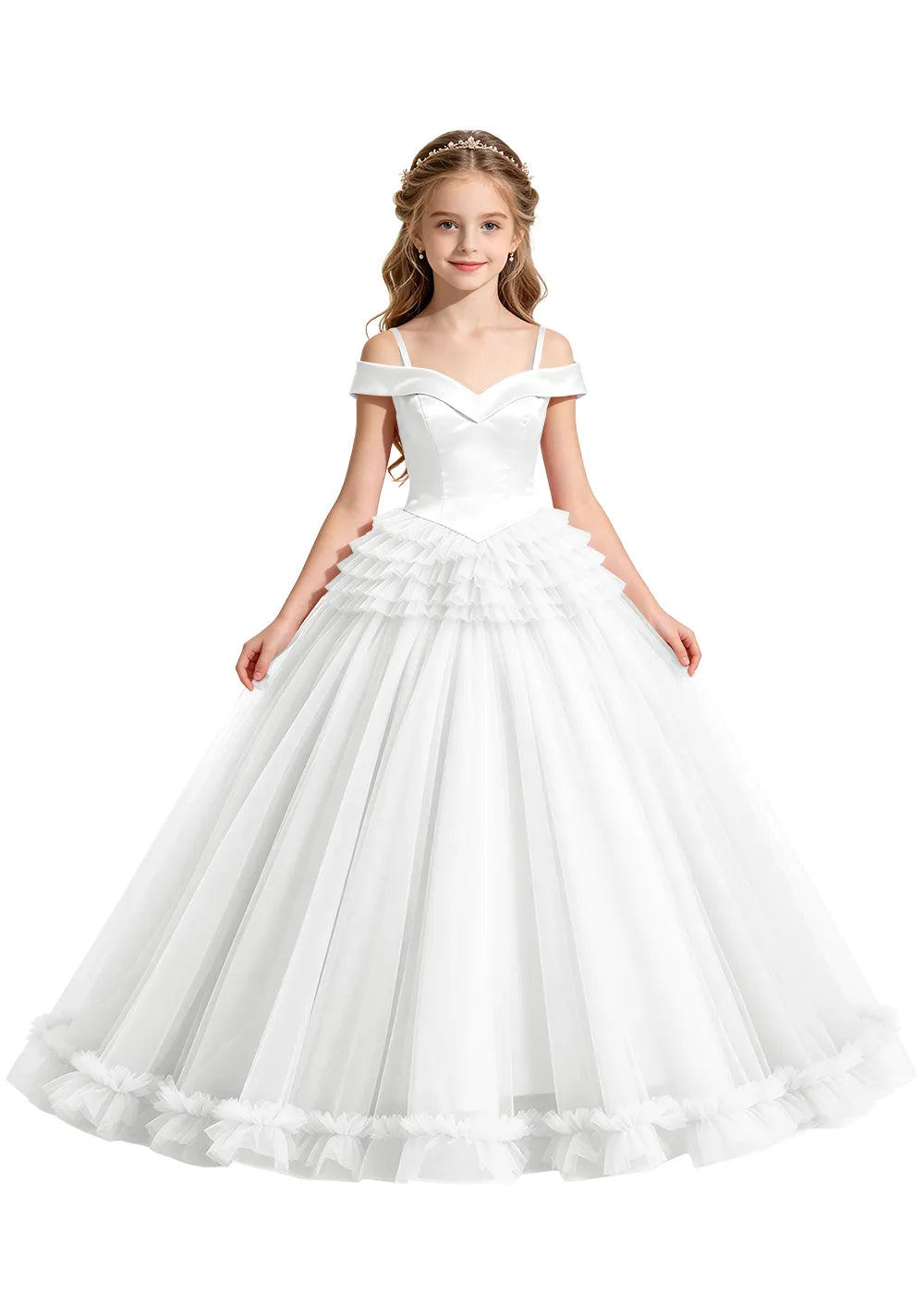 Off-Shoulder Satin Princess Ball Gown for Girls