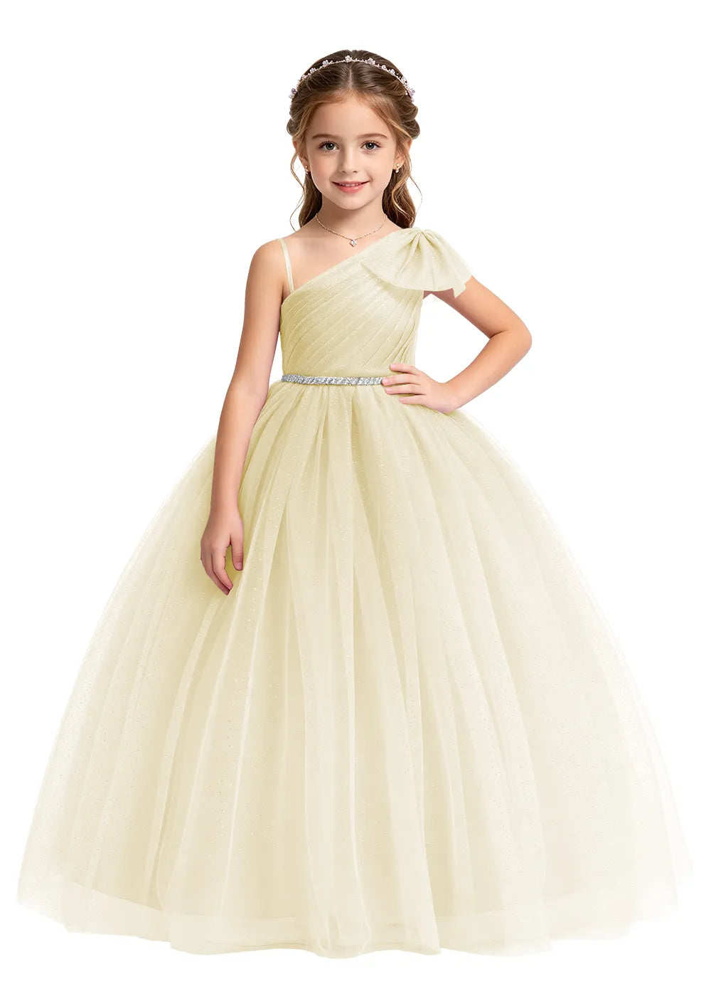 Bow Shoulder Sparkle Tulle Ball Gown