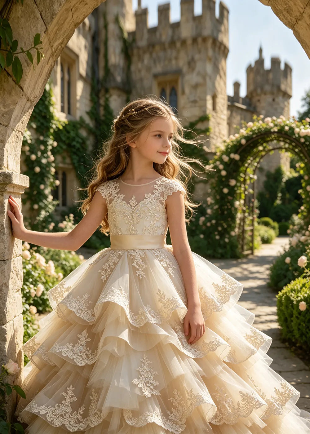 Cascading Lace Ruffle Flower Girl Ball Gown