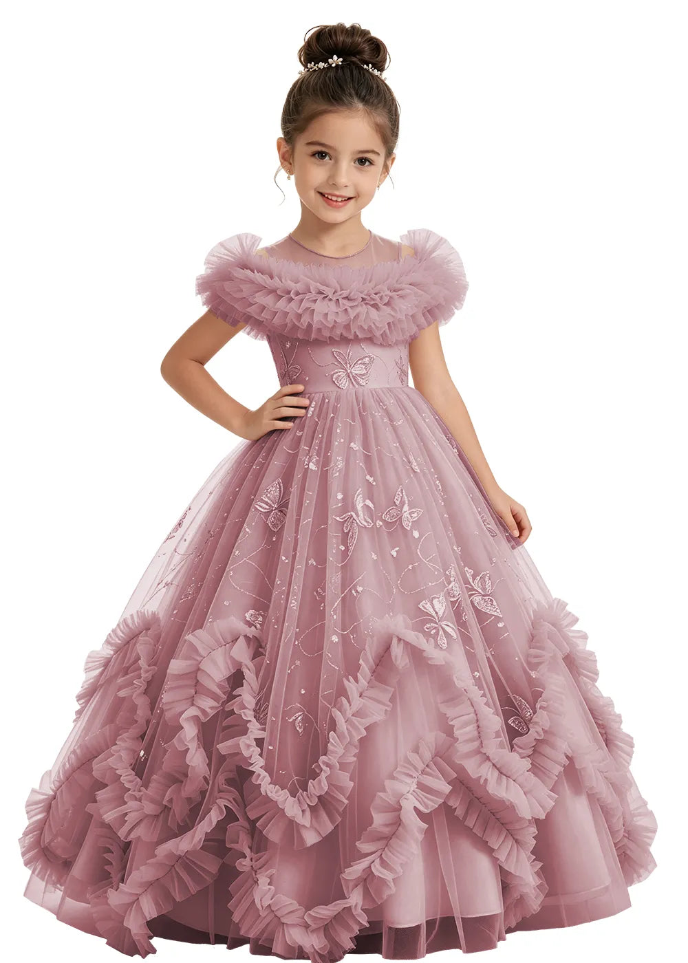 Illusion Neck Butterfly Flower Girl Dress