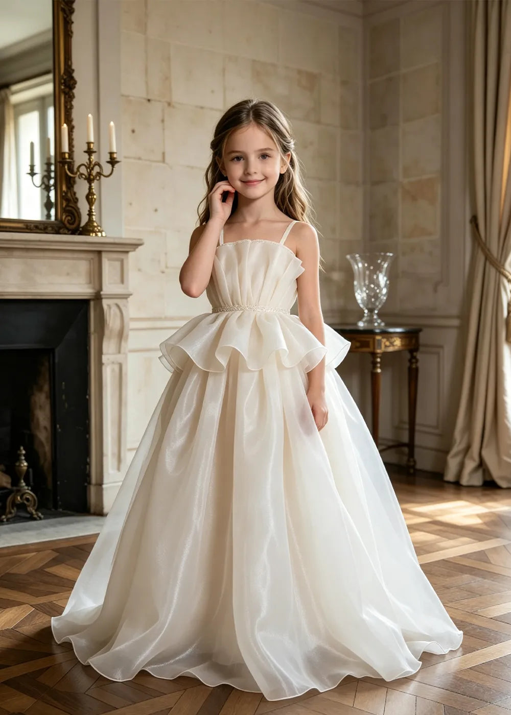 Pearl Waist Draped Flower Girl Ball Gown