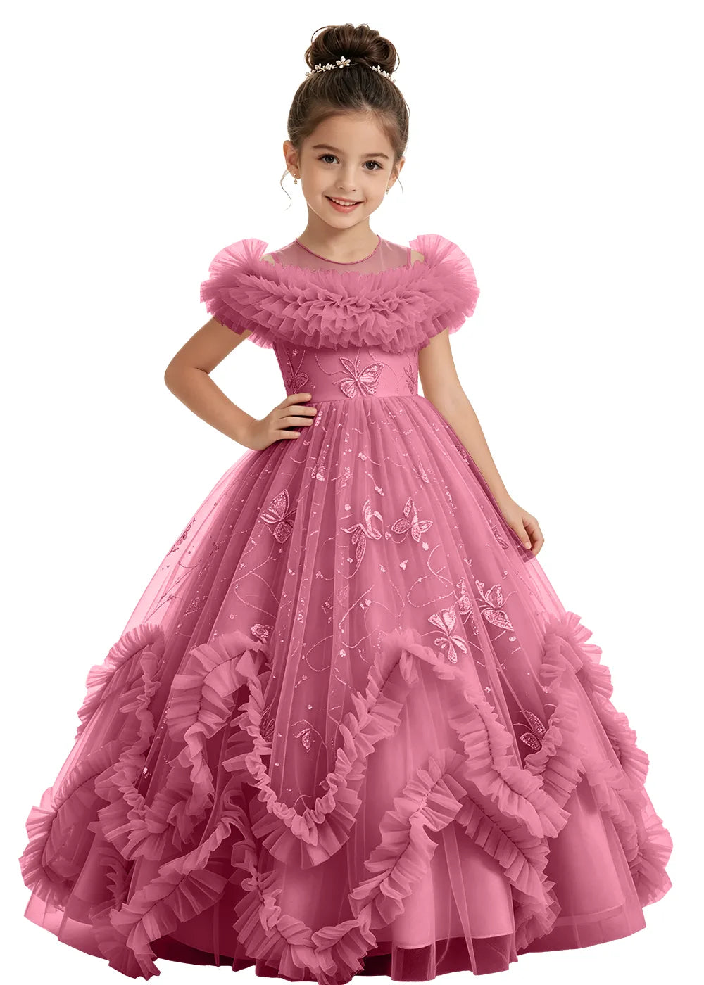 Illusion Neck Butterfly Flower Girl Dress