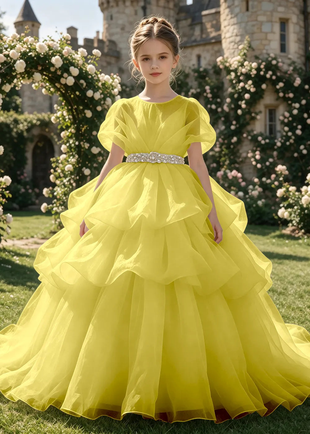 Jeweled Waist Puff Sleeve Flower Girl Ball Gown