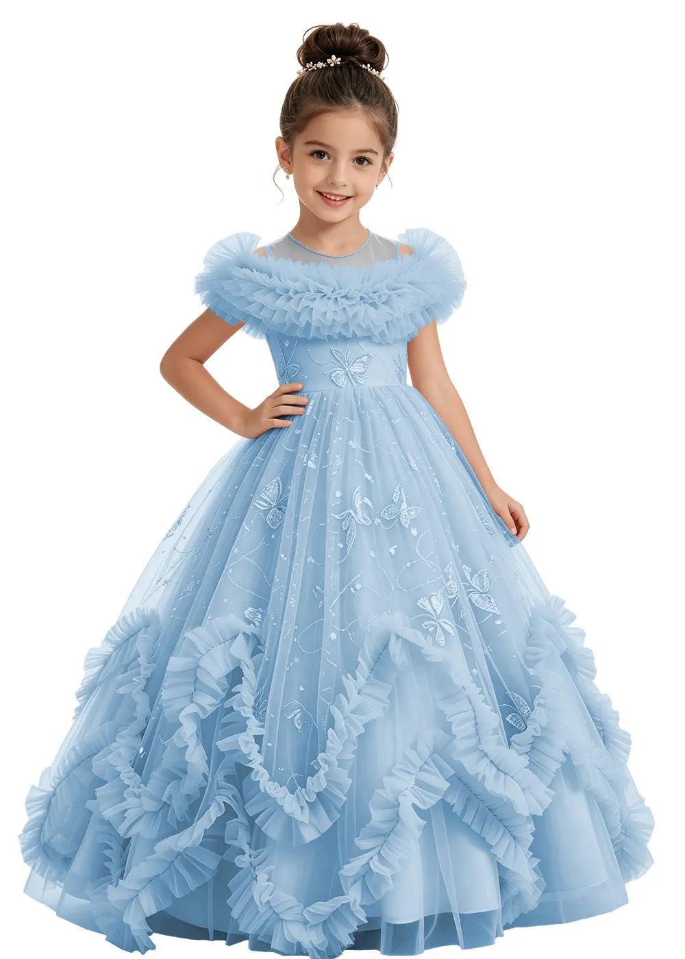 Illusion Neck Butterfly Flower Girl Dress