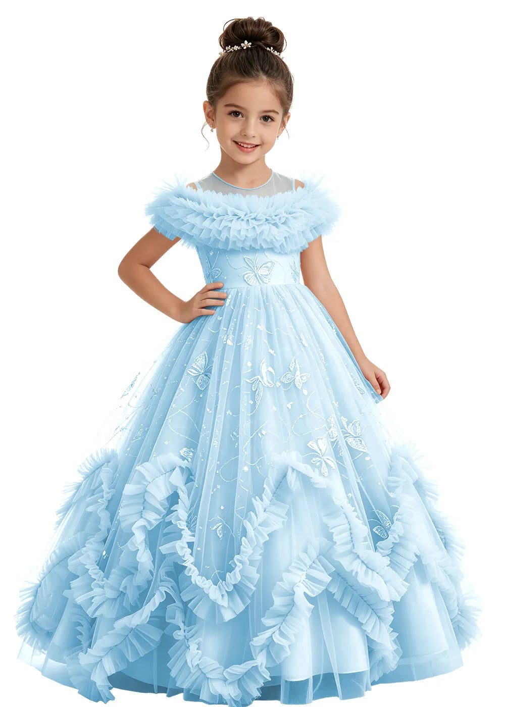 Illusion Neck Butterfly Flower Girl Dress