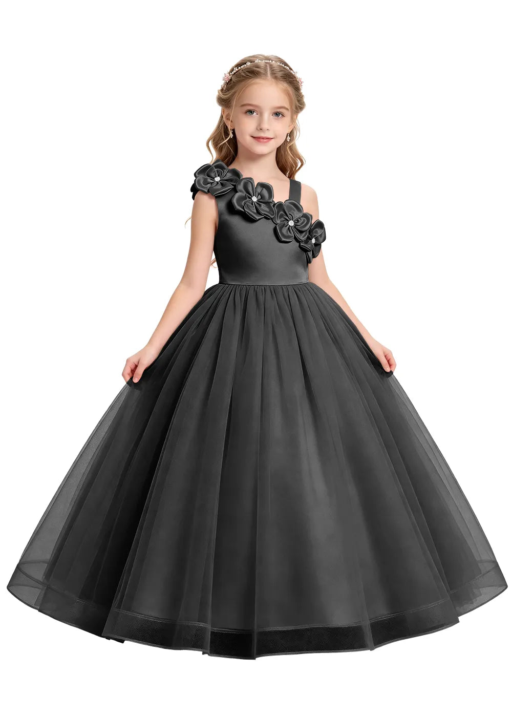 Asymmetrical Flower Appliqué Tulle Formal Dress