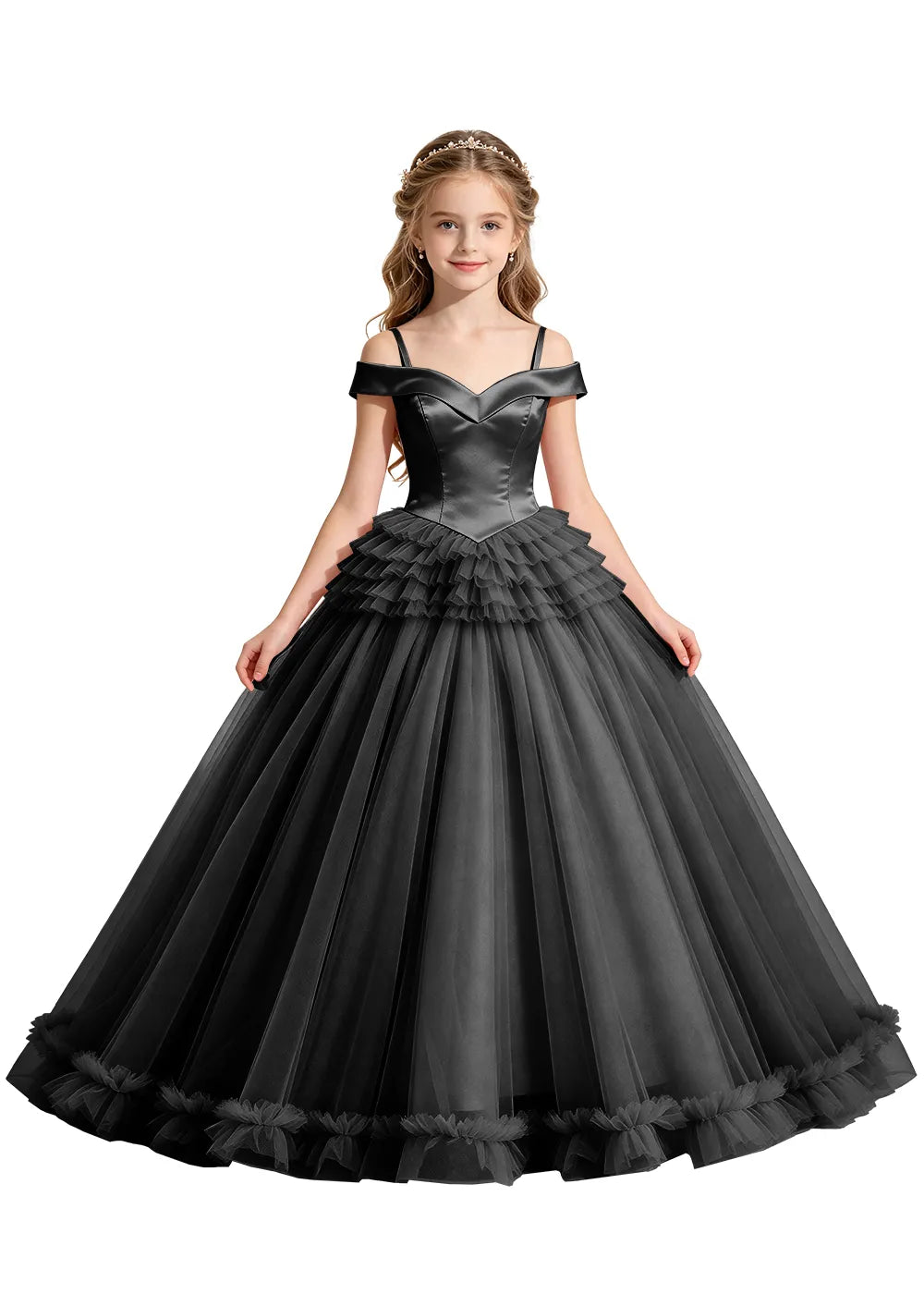 Off-Shoulder Satin Princess Ball Gown for Girls