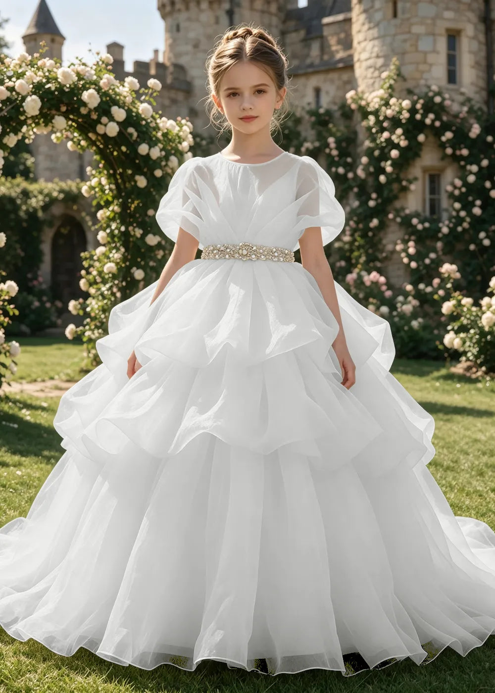 Jeweled Waist Puff Sleeve Flower Girl Ball Gown
