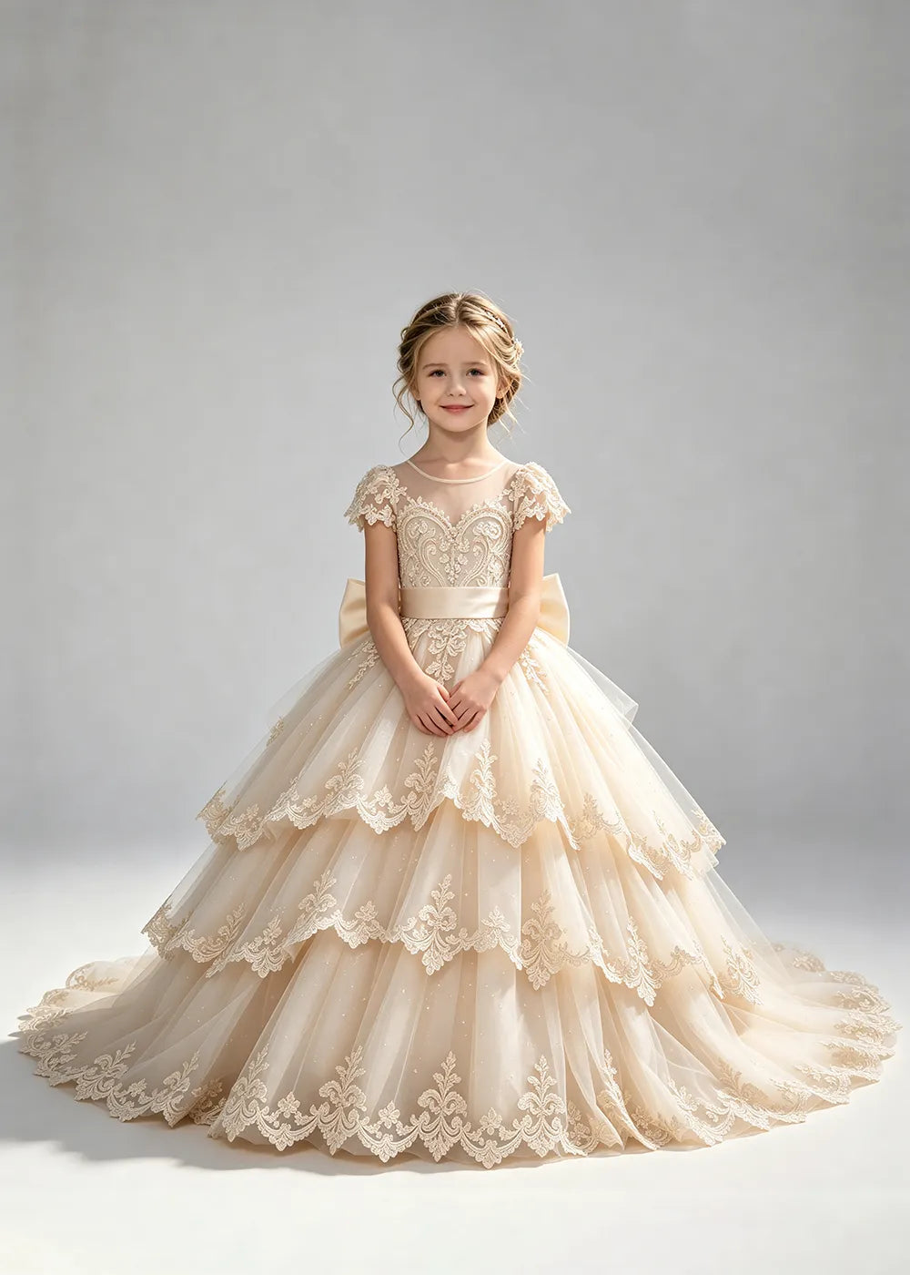 Tiered Lace Flower Girl Ball Gown with Satin Bow