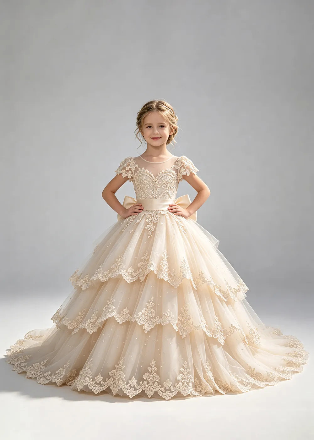 Tiered Lace Flower Girl Ball Gown with Satin Bow
