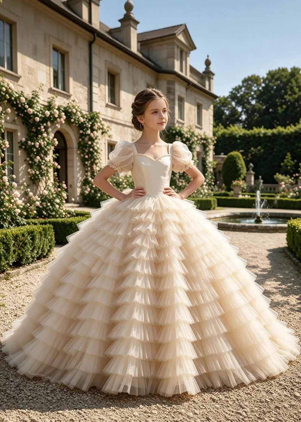 Puff Sleeve Corset-Back Junior Bridesmaid Gown