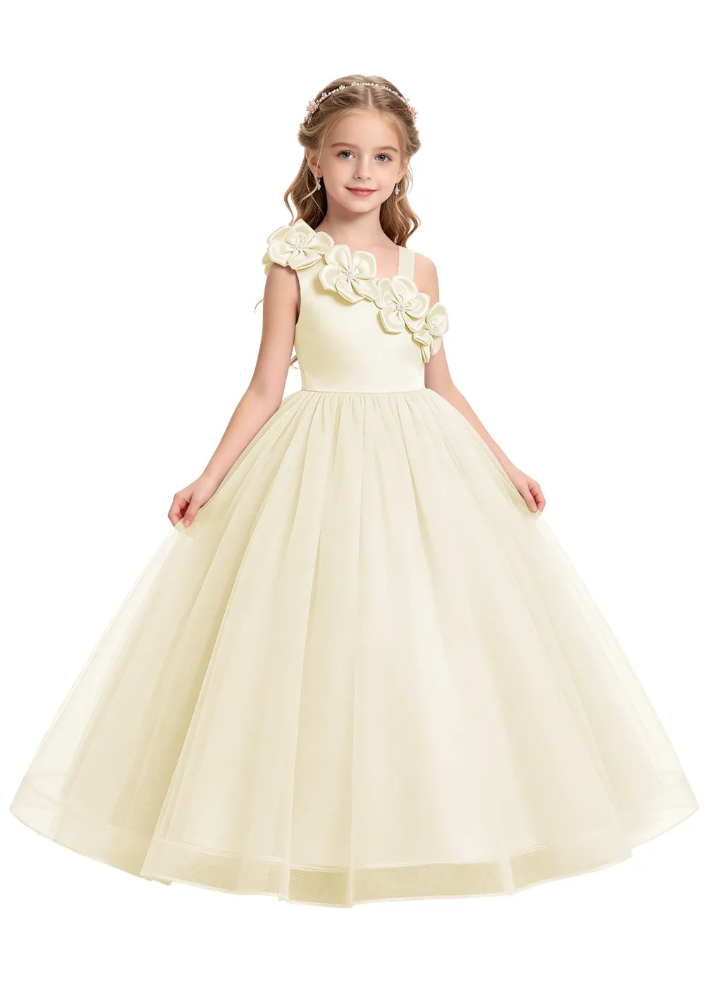 Asymmetrical Flower Appliqué Tulle Formal Dress