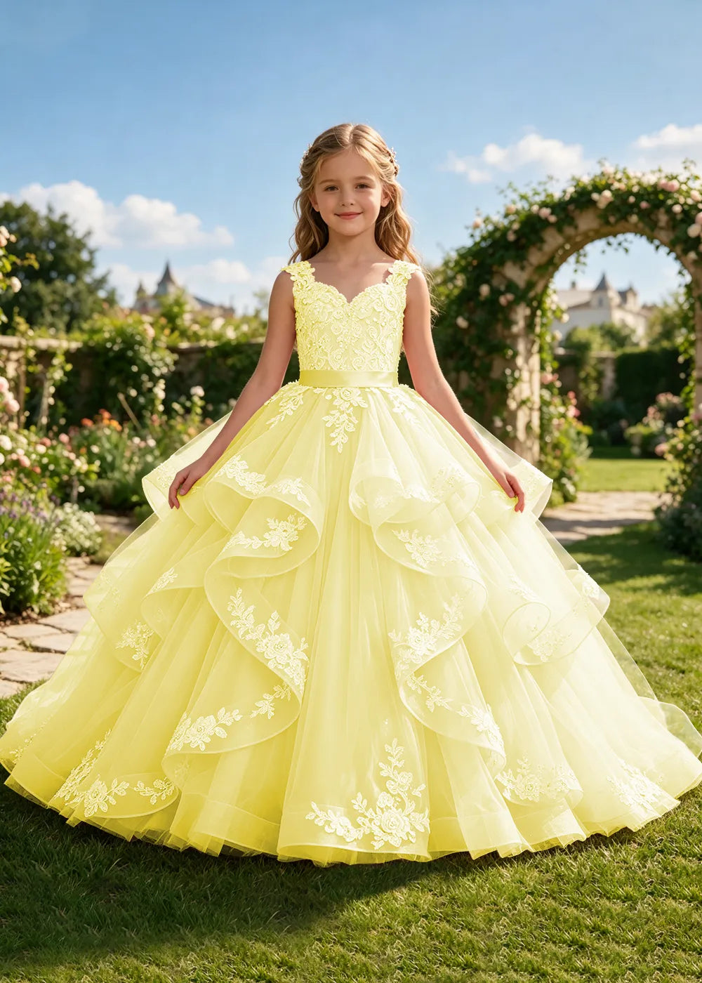 Floral Lace Corset-Back Flower Girl Ball Gown