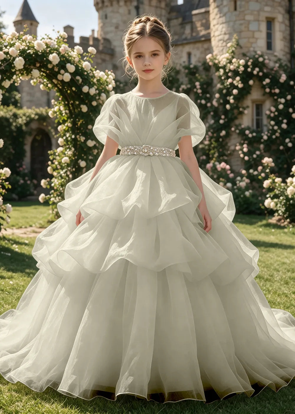 Jeweled Waist Puff Sleeve Flower Girl Ball Gown