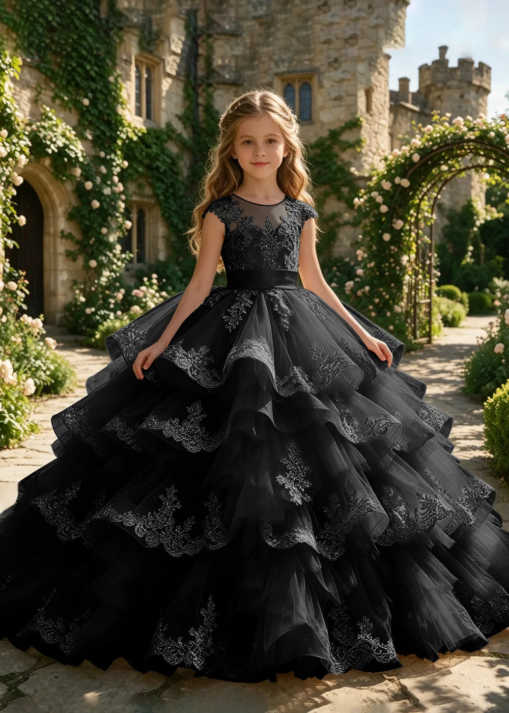 Cascading Lace Ruffle Flower Girl Ball Gown
