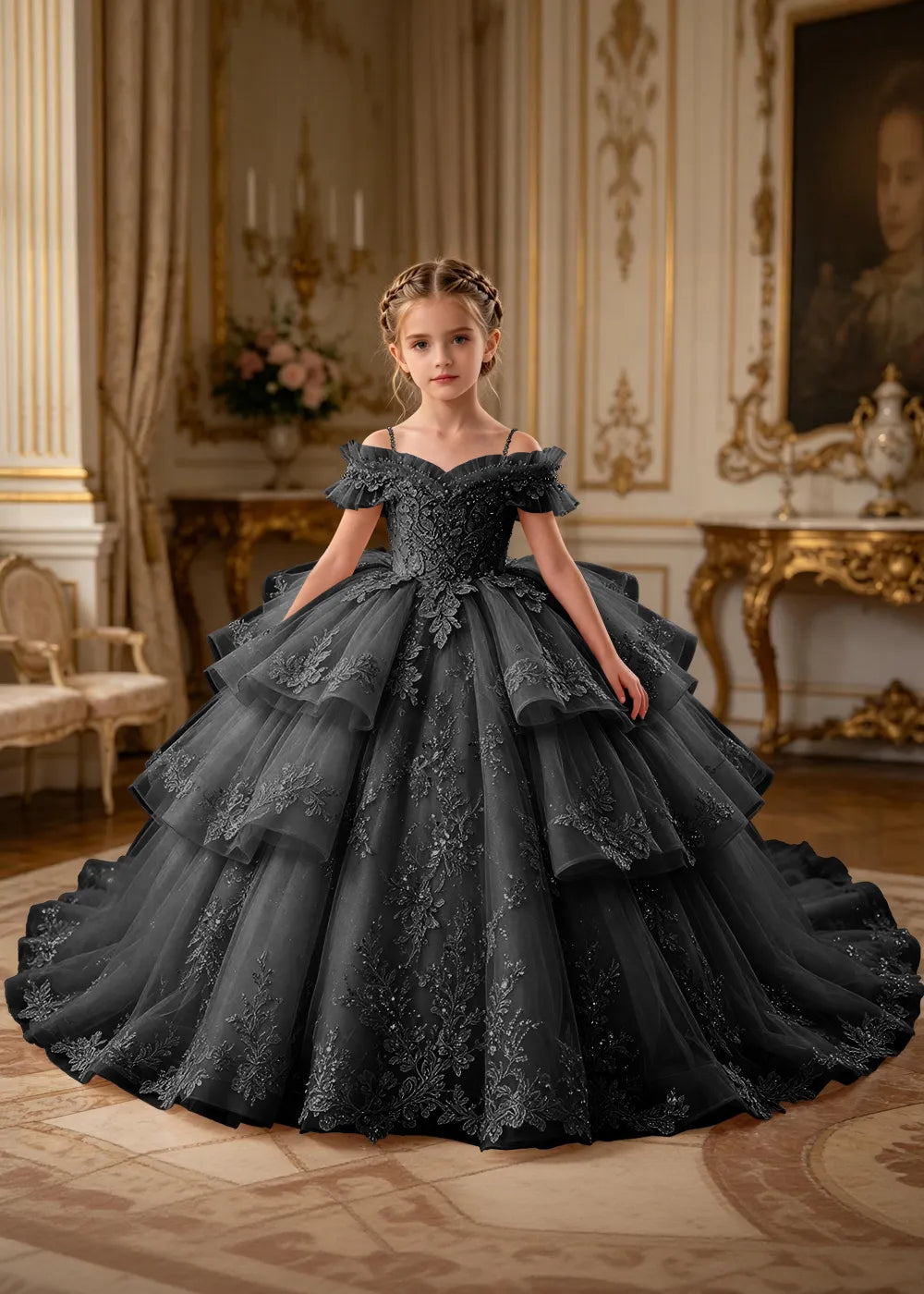 Luxury Princess Tulle Dress with Embroidered Lace and Long Train