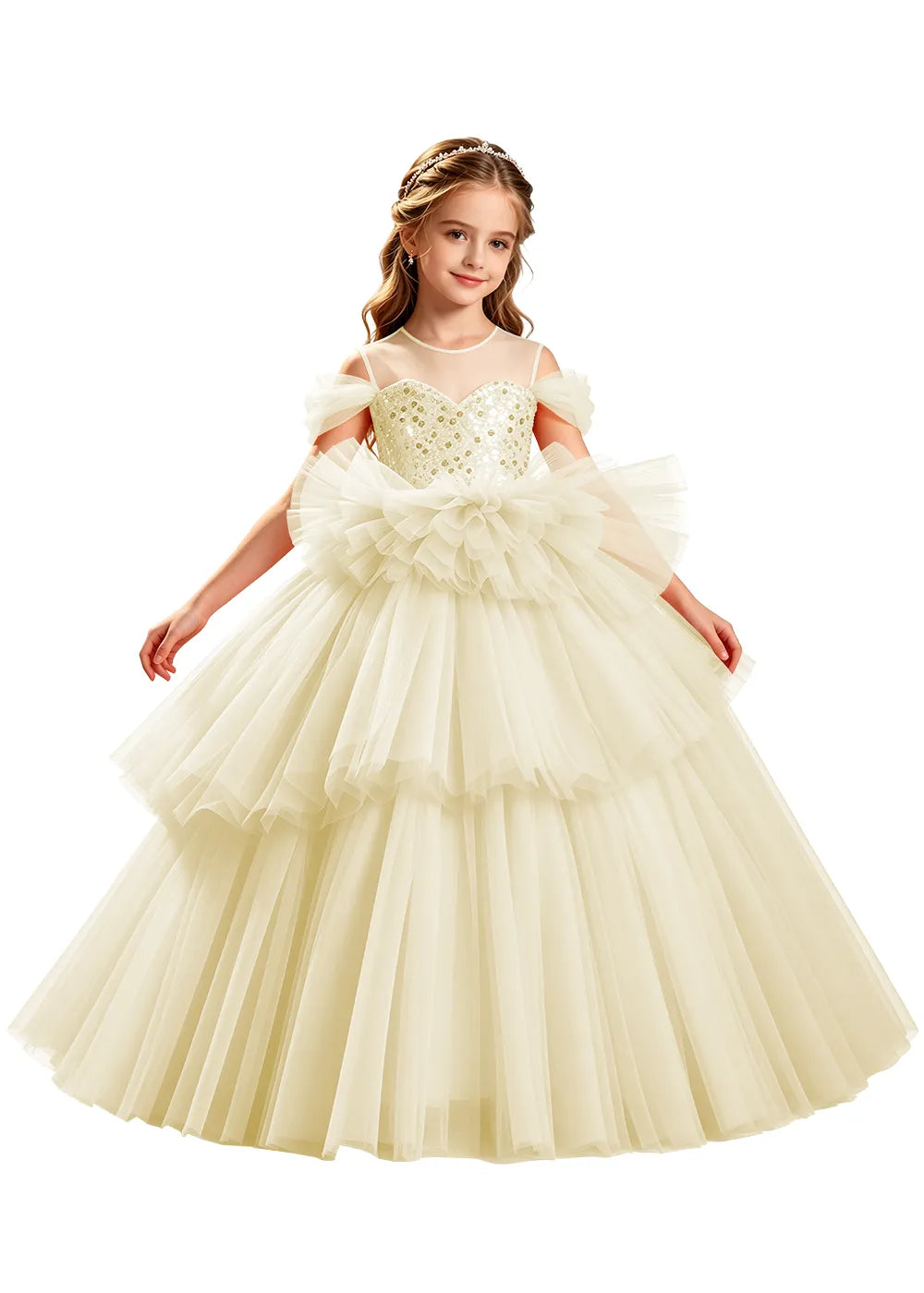 Sequin Off-Shoulder Layered Tulle Pageant Dress