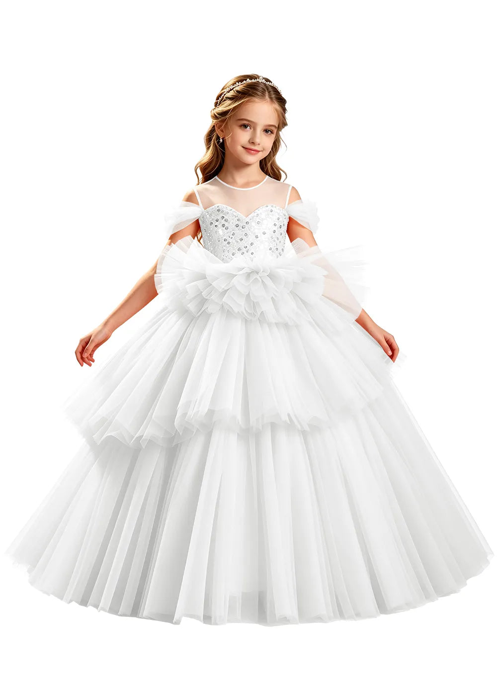 Sequin Off-Shoulder Layered Tulle Pageant Dress