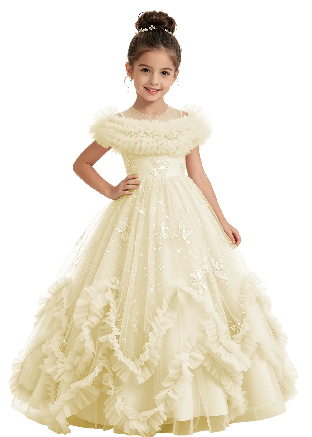 Illusion Neck Butterfly Flower Girl Dress