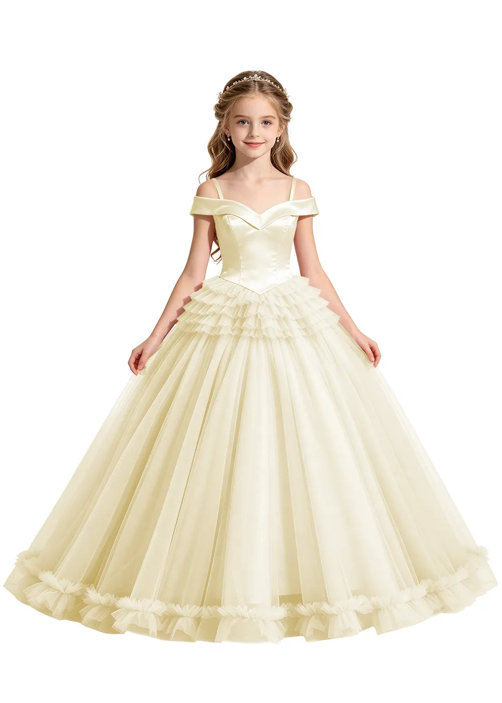 Off-Shoulder Satin Princess Ball Gown for Girls
