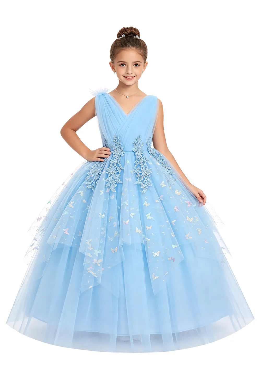 V-Neck Butterfly Flower Girl Dress