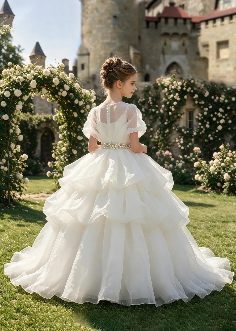 Jeweled Waist Puff Sleeve Flower Girl Ball Gown