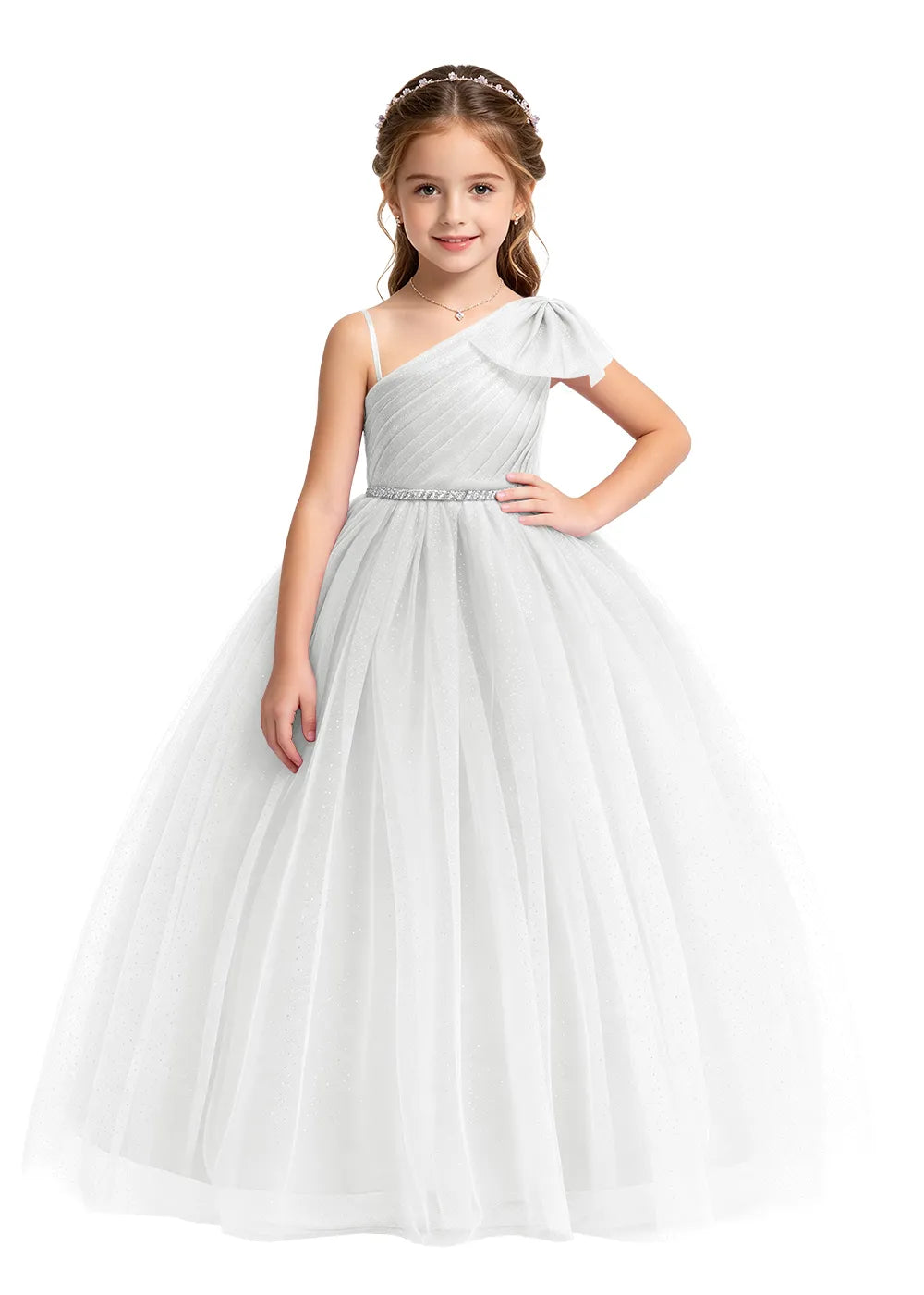 Bow Shoulder Sparkle Tulle Ball Gown