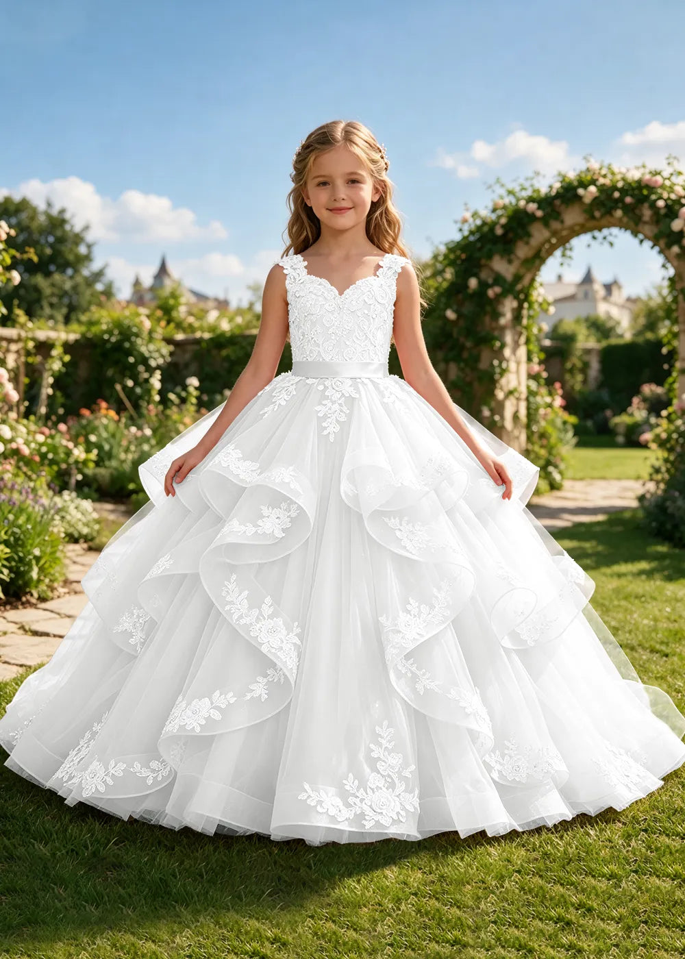 Floral Lace Corset-Back Flower Girl Ball Gown