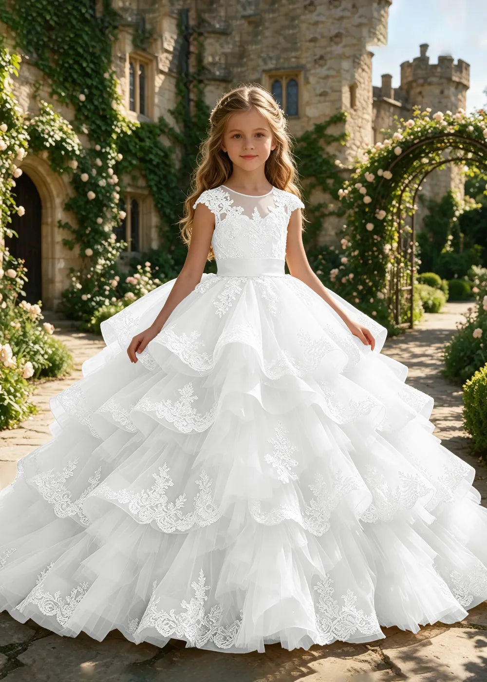 Cascading Lace Ruffle Flower Girl Ball Gown