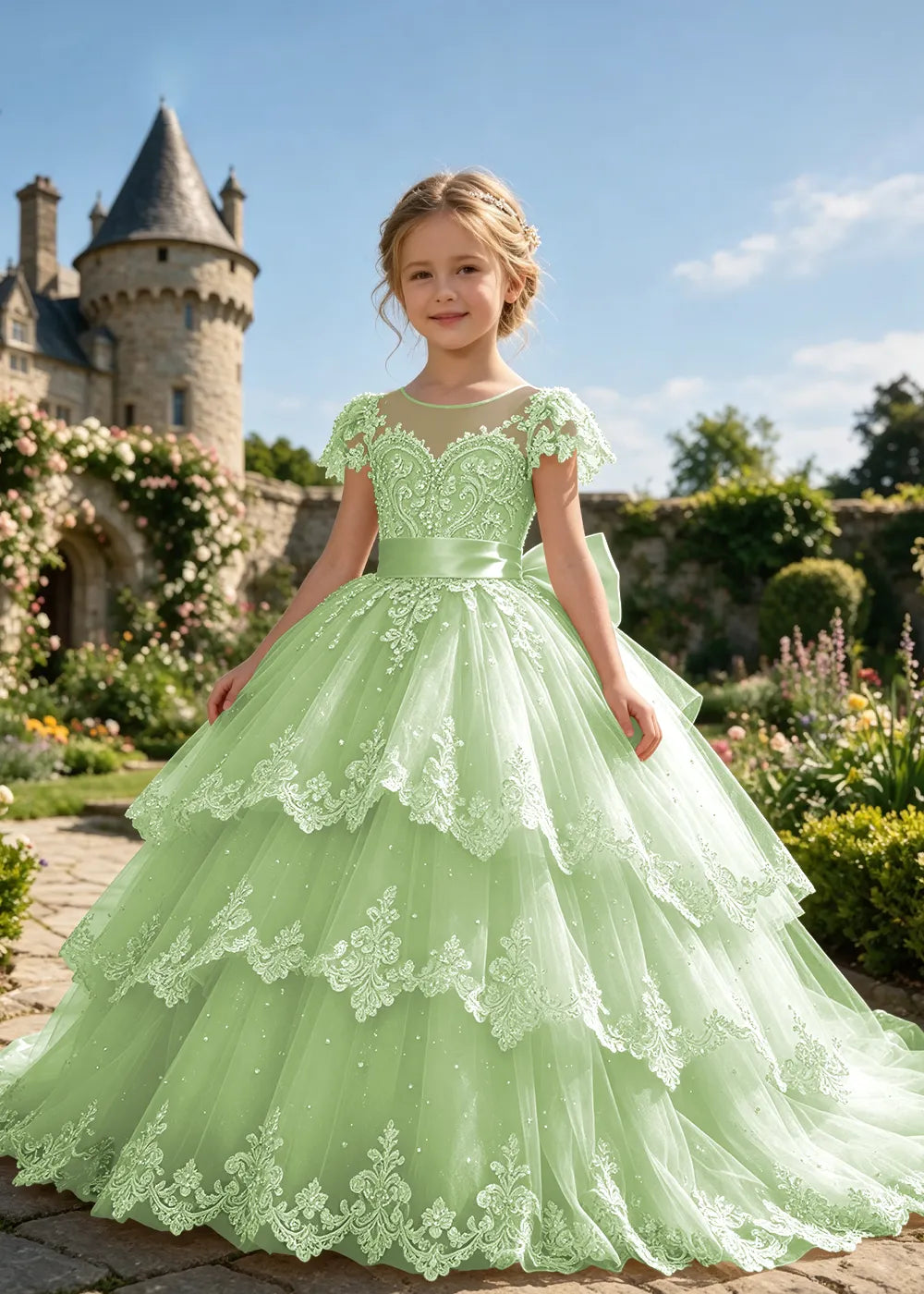 Tiered Lace Flower Girl Ball Gown with Satin Bow