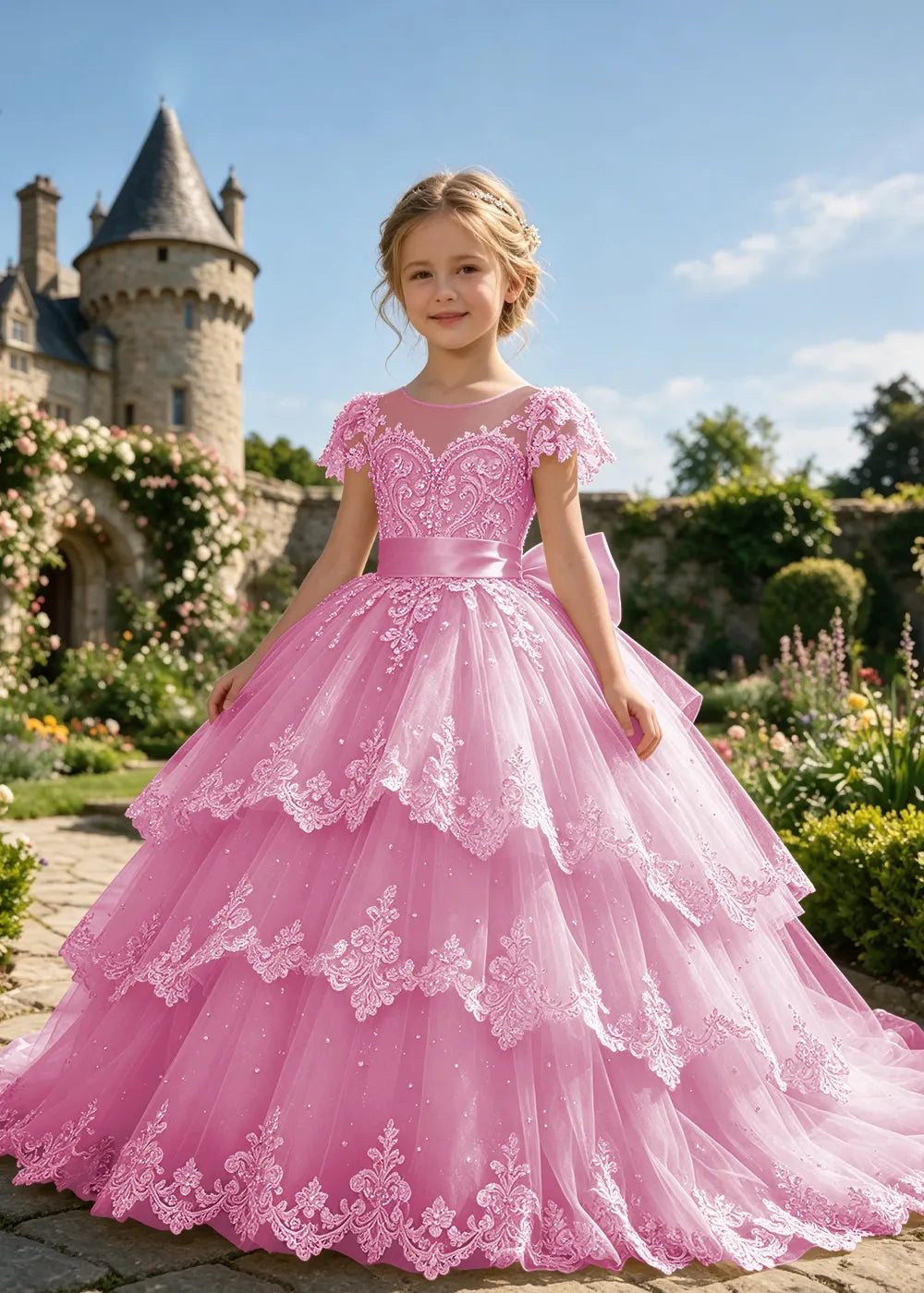 Tiered Lace Flower Girl Ball Gown with Satin Bow