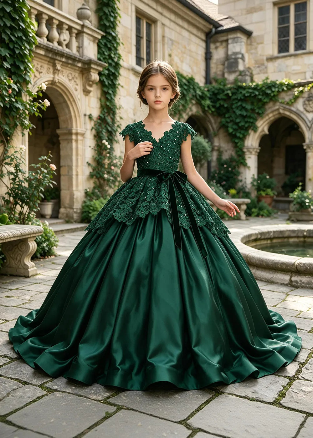 Floral Lace Satin Ball Gown for Girls