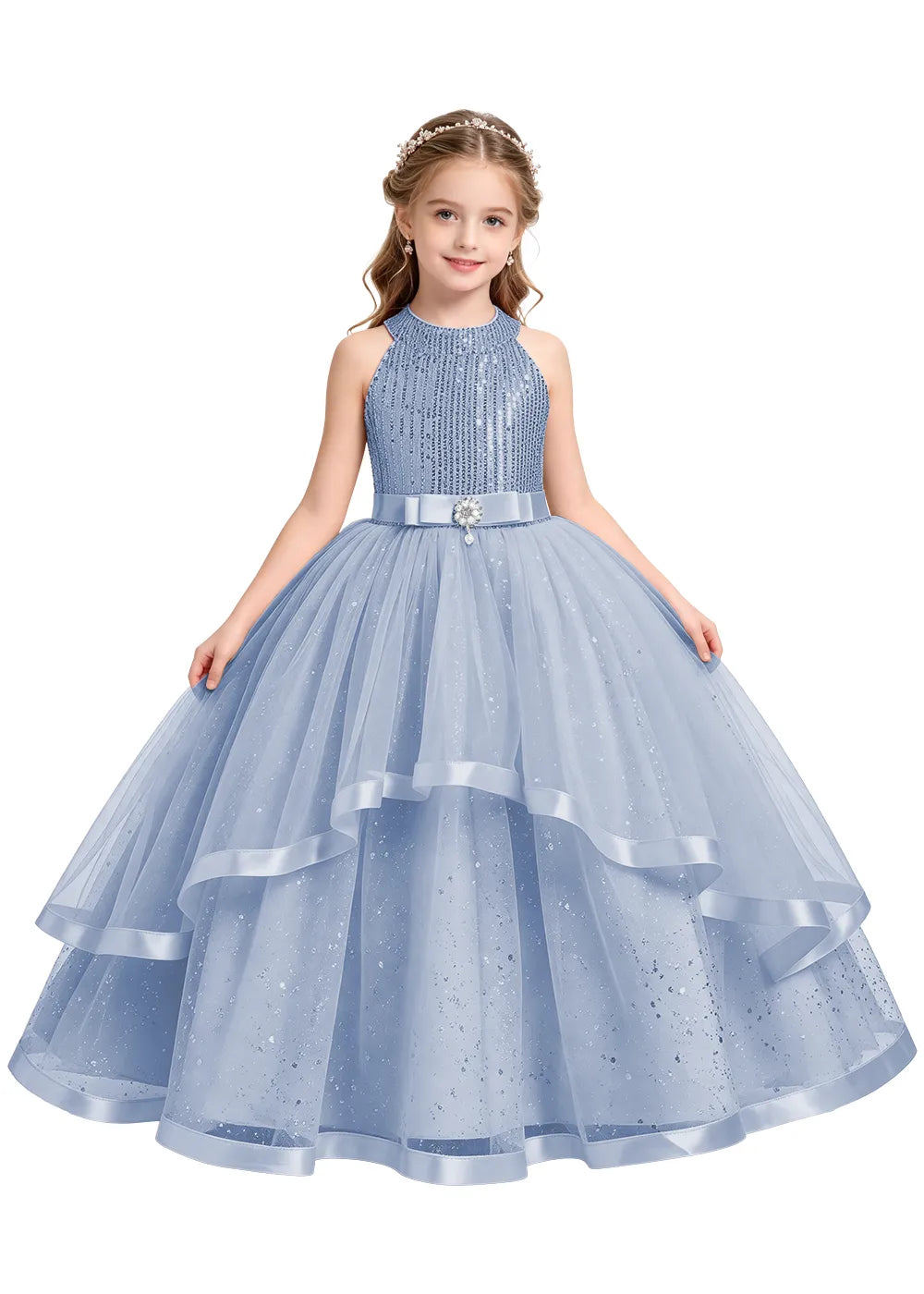 Elegant Glitter Tulle Girls Pageant Gown