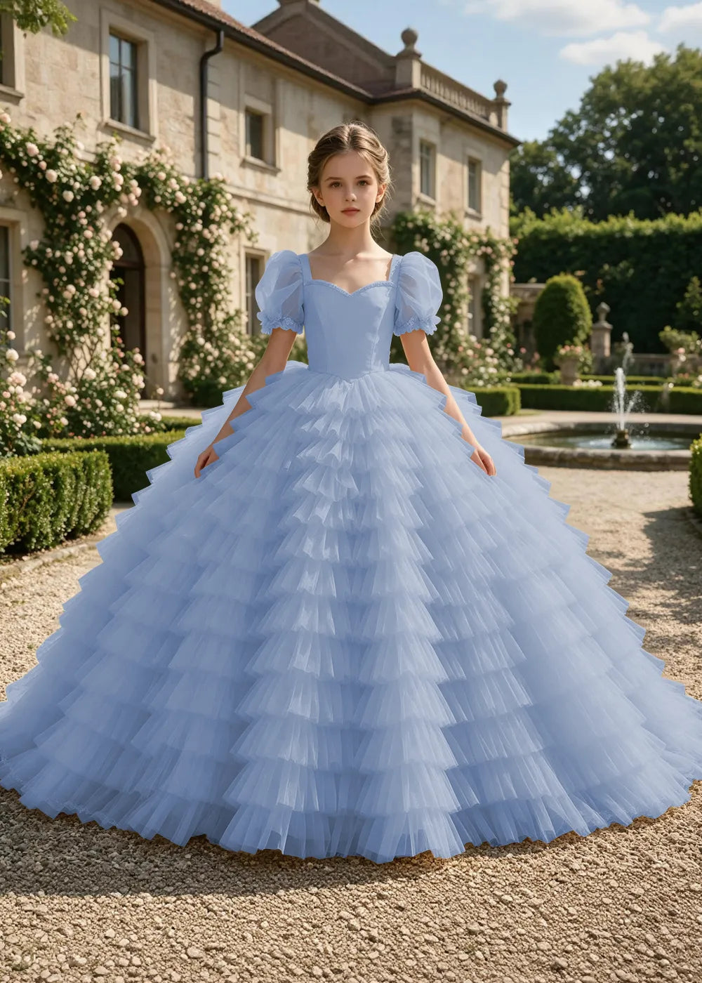 Puff Sleeve Corset-Back Junior Bridesmaid Gown