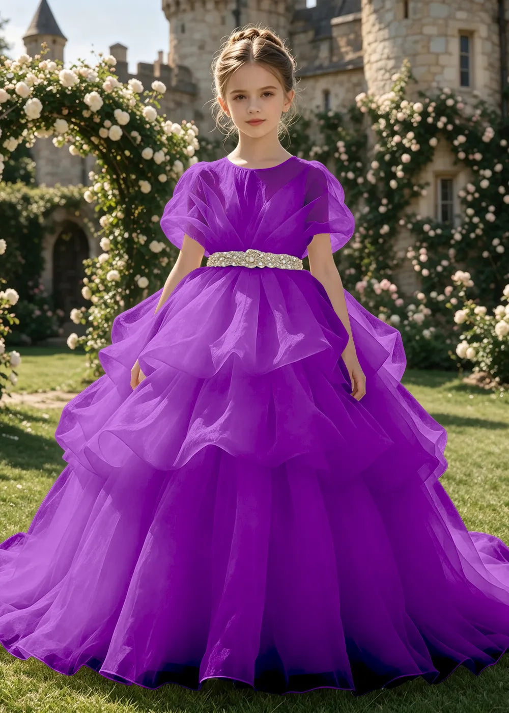 Jeweled Waist Puff Sleeve Flower Girl Ball Gown