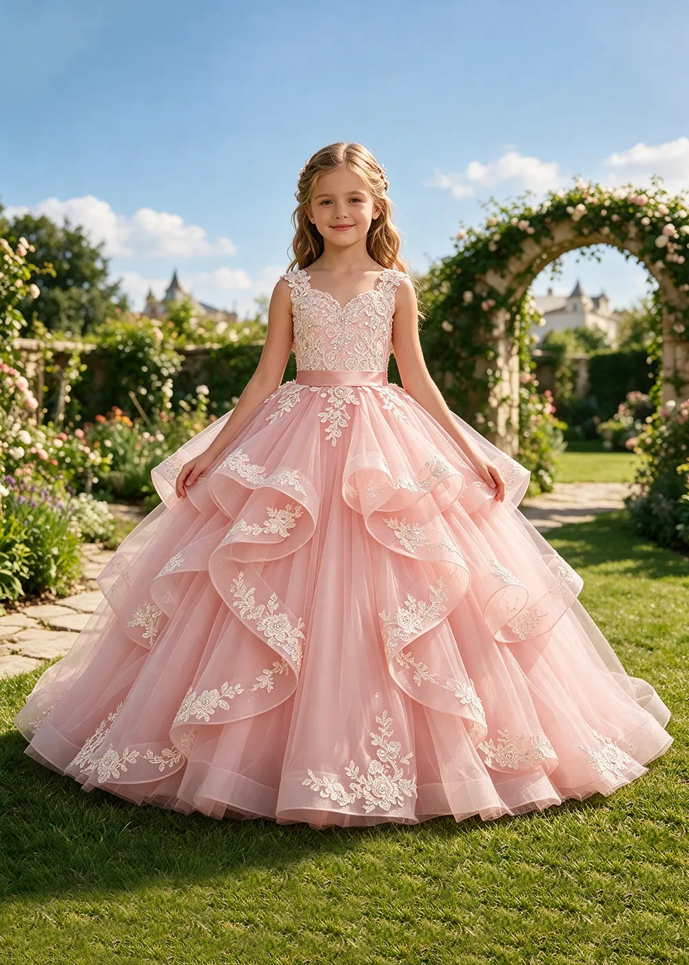 Floral Lace Corset-Back Flower Girl Ball Gown